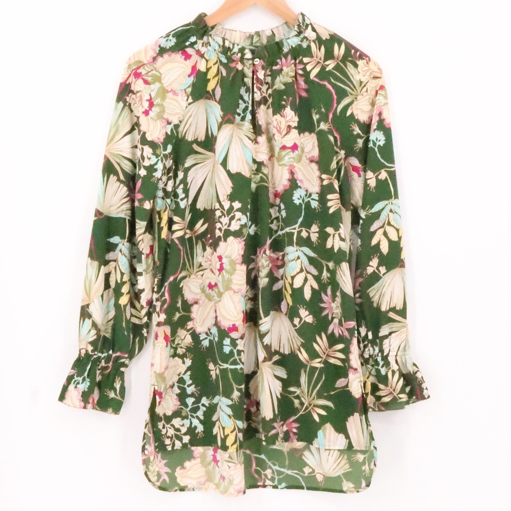 Kaari Blue Anthropologie Floral Tunic Top Green Boho Business Casual Size M